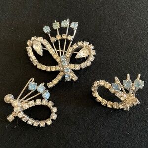 Clear and Light Blue Rhinestone Bow Brooch and Screw-Back Earrings